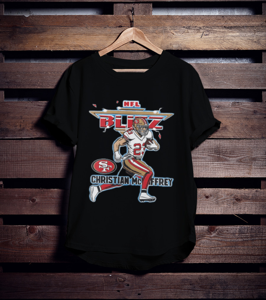NFL Blitz 23 Christian McCaffrey San Francisco 49ers Football Player Running With Ball T-Shirt