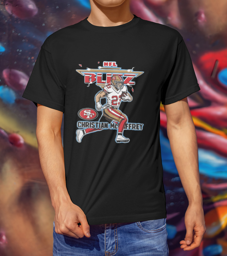 NFL Blitz 23 Christian McCaffrey San Francisco 49ers Football Player Running With Ball T-Shirt