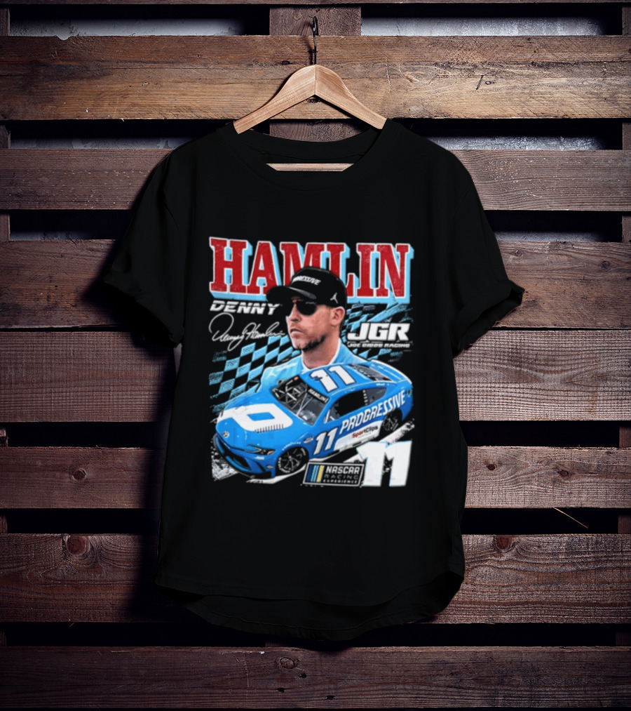 Denny Hamlin Joe Gibbs Racing NASCAR Progressive 11 Racer With Signature And Sunglasses T-Shirt