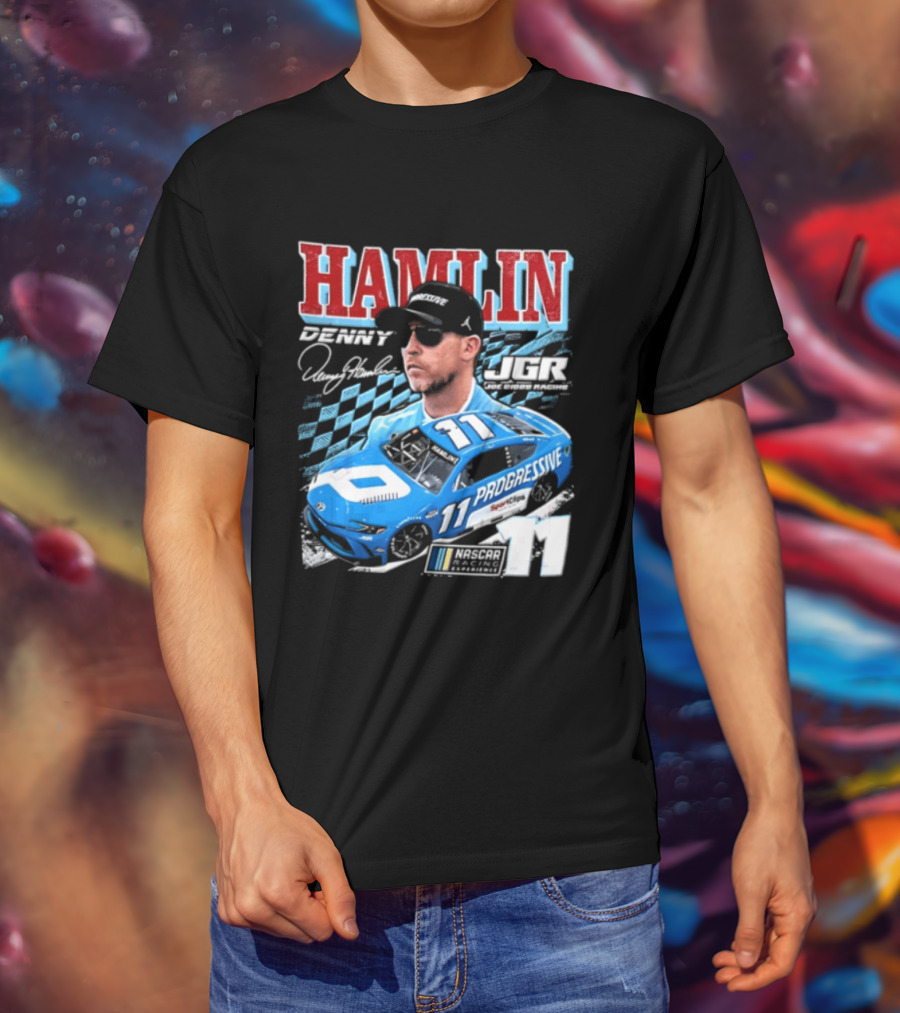 Denny Hamlin Joe Gibbs Racing NASCAR Progressive 11 Racer With Signature And Sunglasses T-Shirt