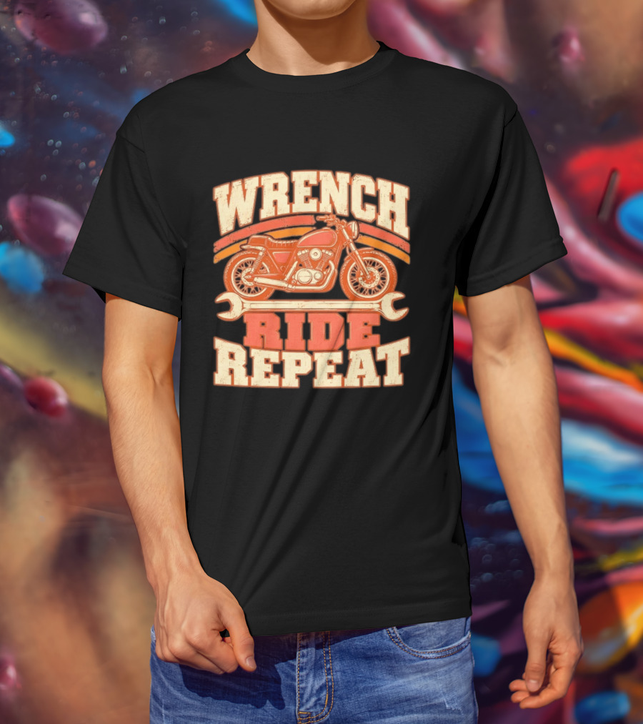 Wrench Ride Repeat Motorcycle Mechanic Distressed T-Shirt