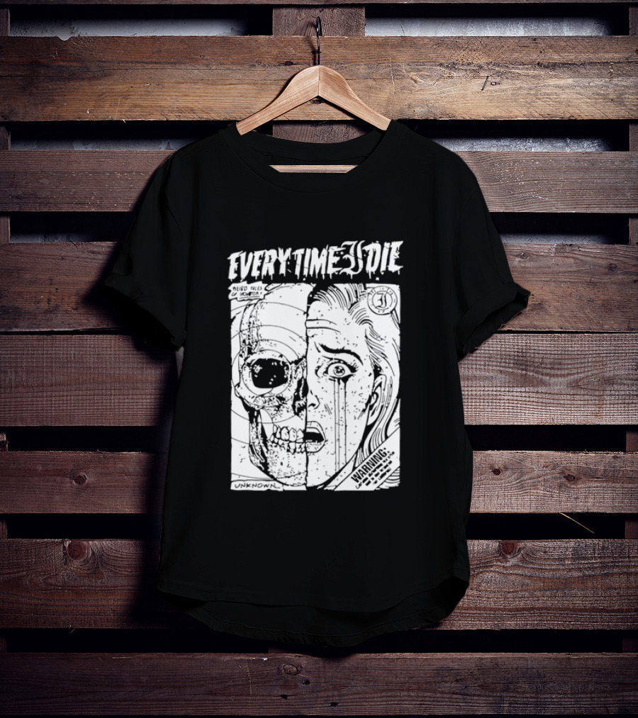 Every Time I Die Weird Tales Horror Warning Skull Face Half Human T-Shirt