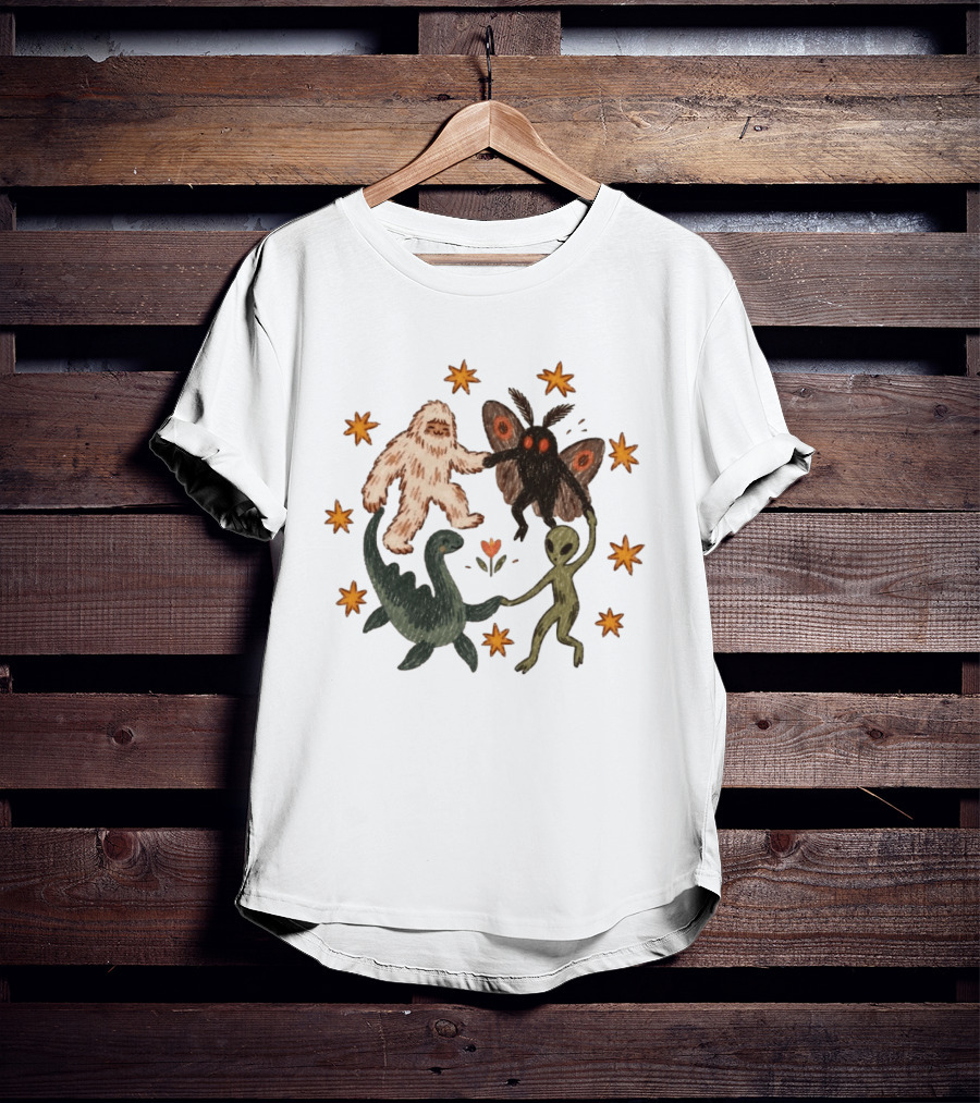 Bigfoot Mothman Loch Ness Monster Alien Dancing Cryptids With Stars T-Shirt