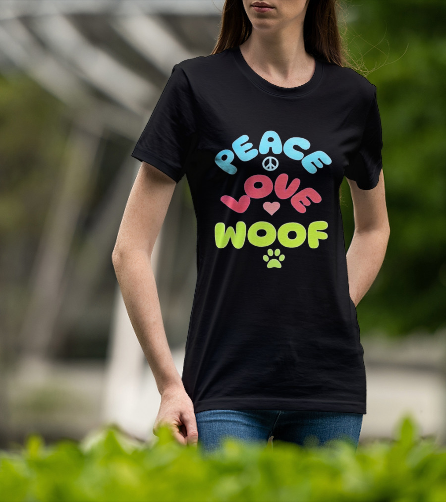 Peace Love Woof Paw Dog Lover Peace Sign Heart T-Shirt