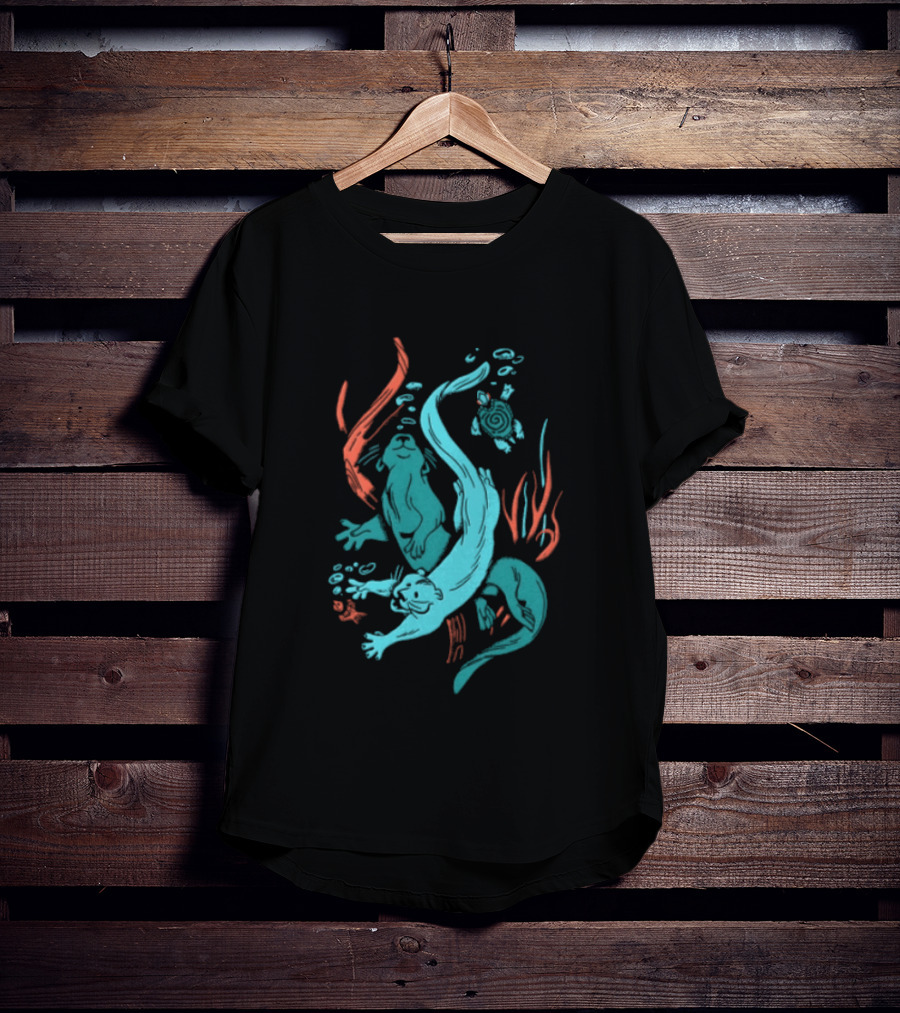 Two Otters Swimming Underwater With Turtle And Seaweed T-Shirt