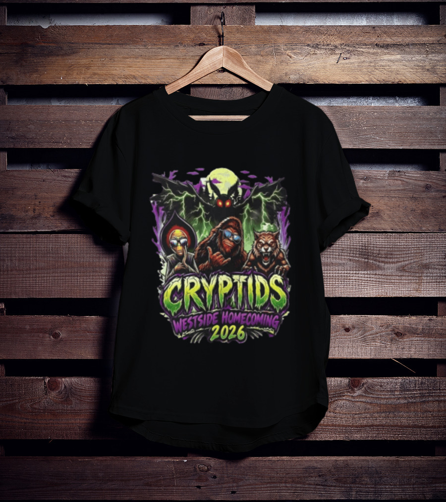 Cryptids Alien Bigfoot Werewolf Mothman Westside Homecoming 2026 Moon Lightning T-Shirt
