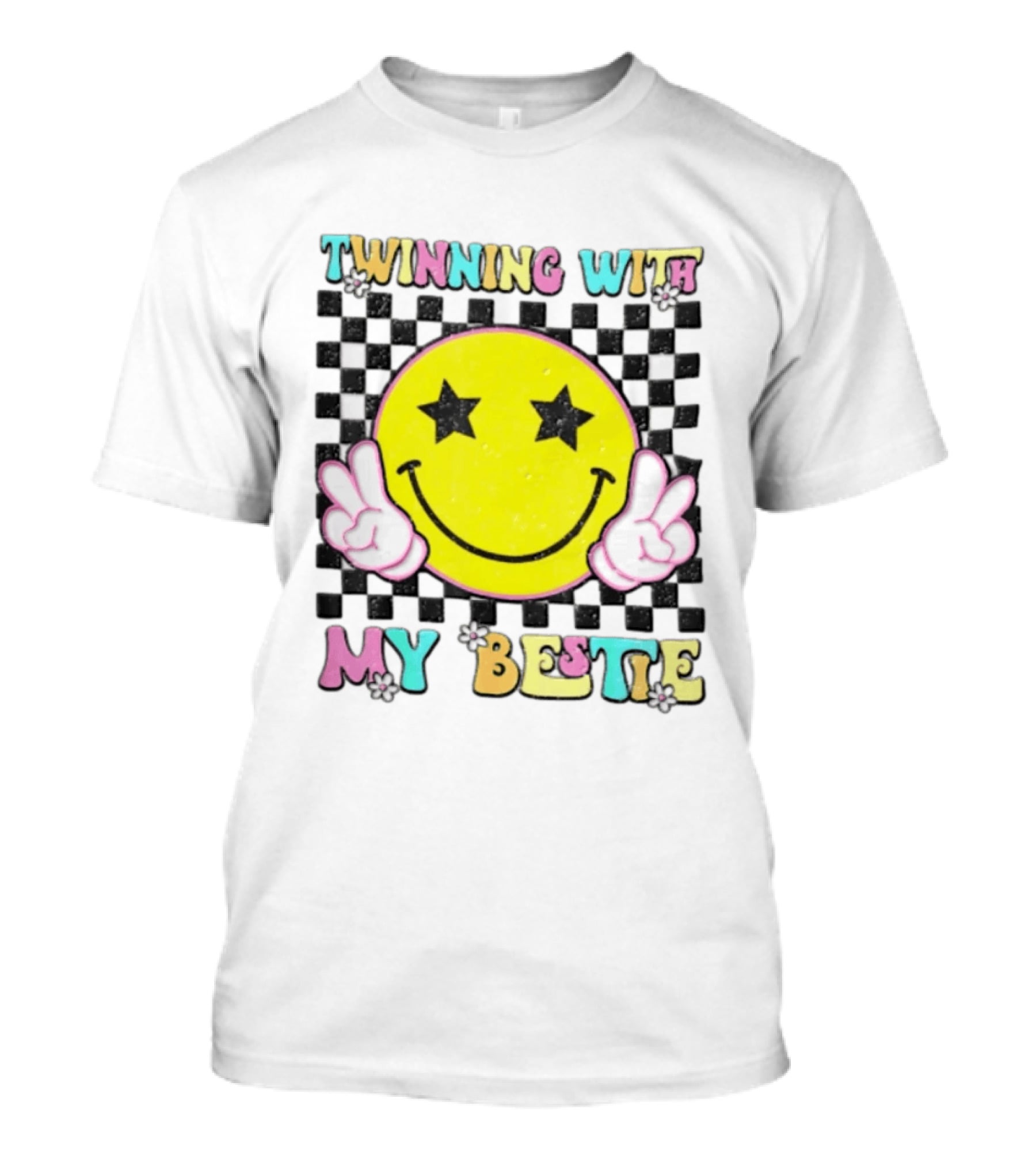 Twinning With My Bestie Yellow Smiley Face Checkered Star Eyes Peace Signs T-Shirt