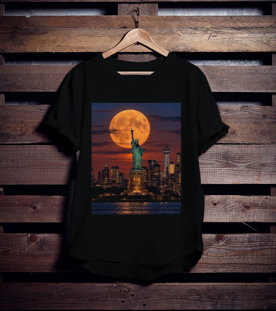 Harvest Moon Over Lady Liberty New York City Skyline September 26 T-Shirt