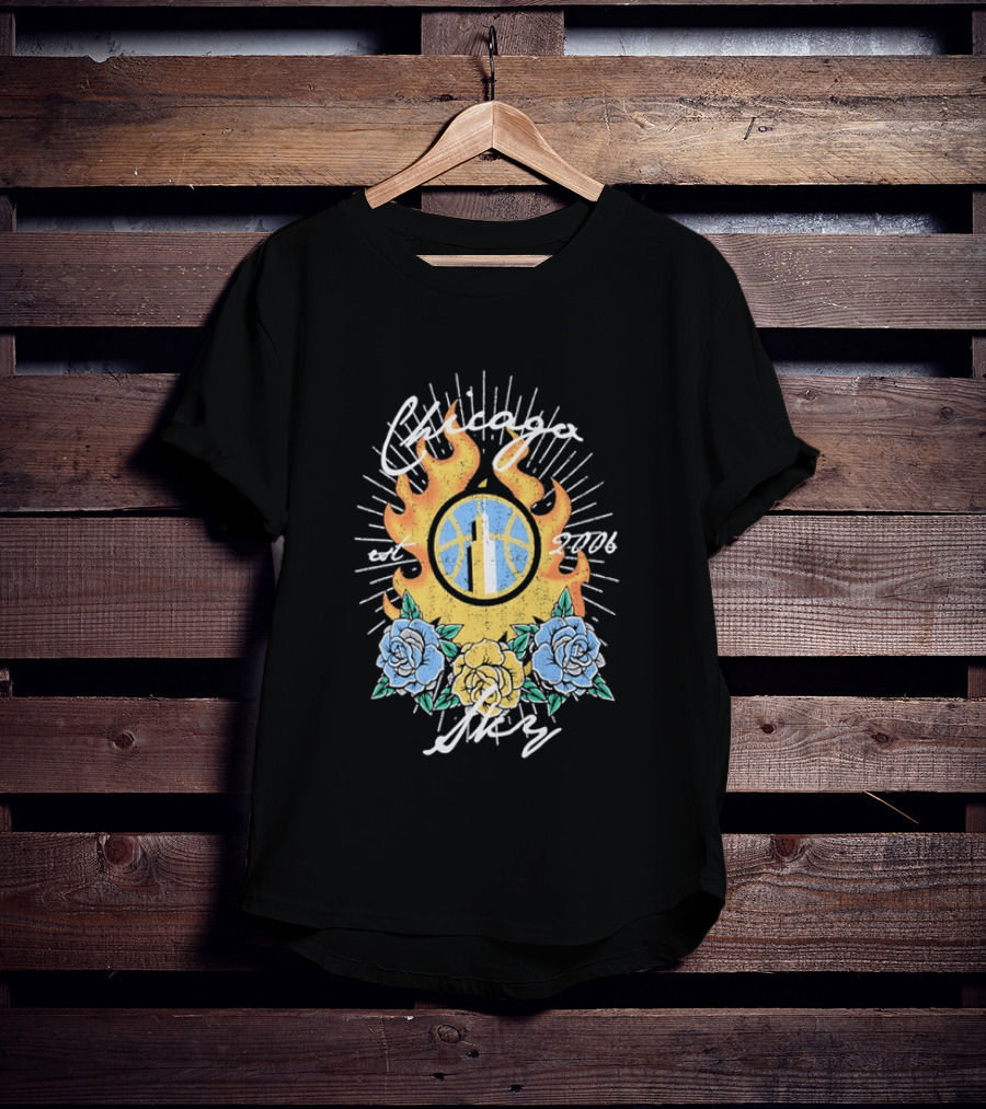 Chicago Sky Est 2006 WNBA Distressed Floral Basketball Flame T-Shirt