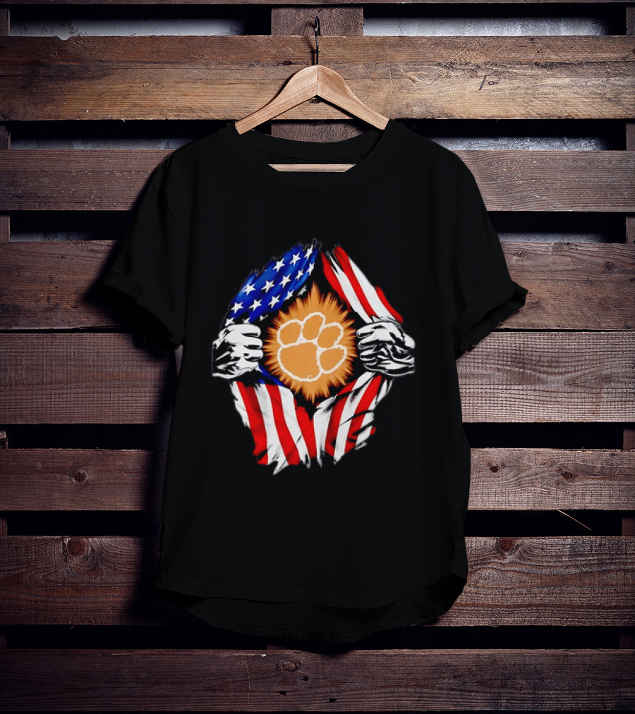Clemson Tigers Paw Print Ripped American Flag T-Shirt