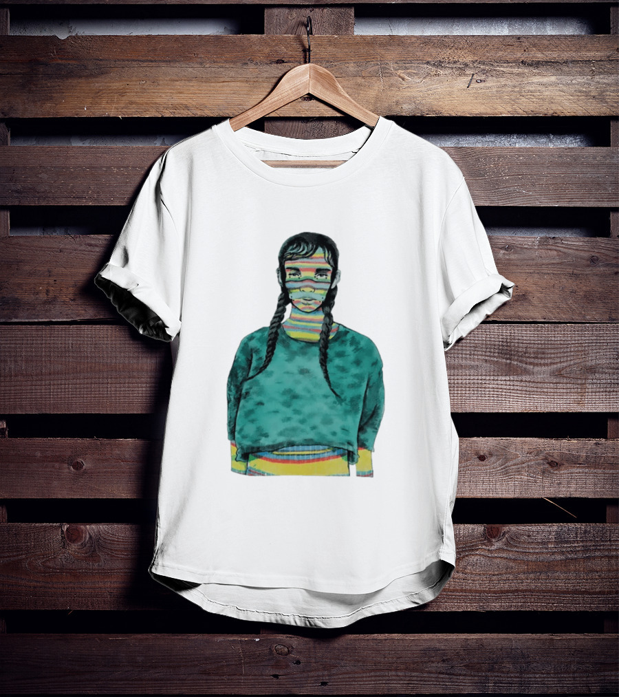 Girl With Braids Colorful Striped Face And Green Sweater T-Shirt