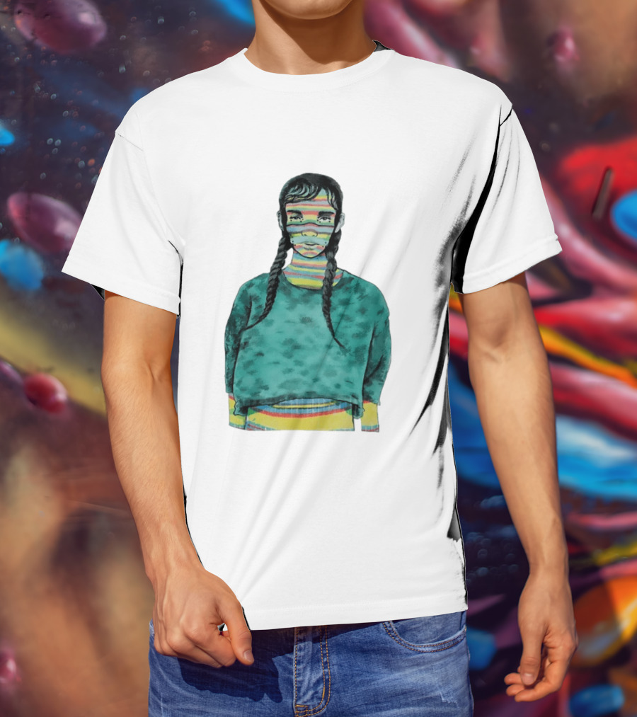 Girl With Braids Colorful Striped Face And Green Sweater T-Shirt