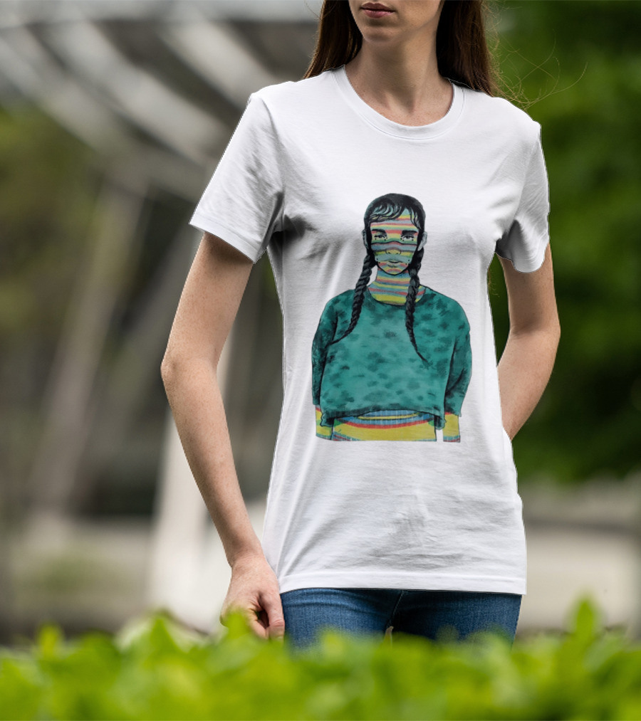 Girl With Braids Colorful Striped Face And Green Sweater T-Shirt