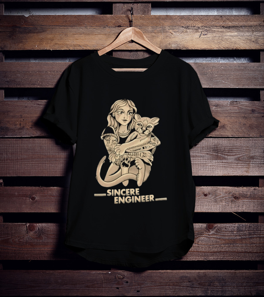 Tattooed Woman Hugging Cat Sincere Engineer T-Shirt