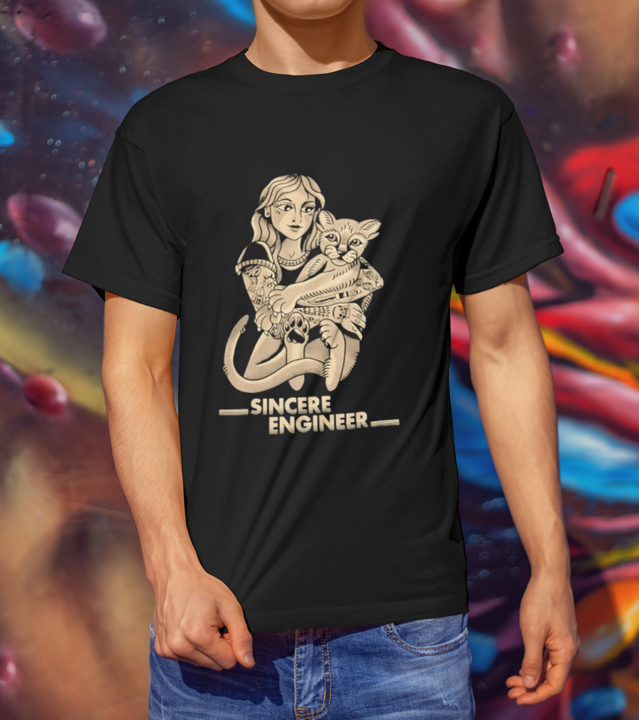 Tattooed Woman Hugging Cat Sincere Engineer T-Shirt