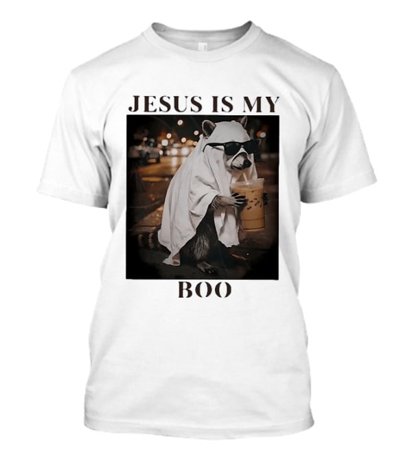 Jesus Is My Boo Raccoon With Iced Coffee And Sunglasses T-Shirt
