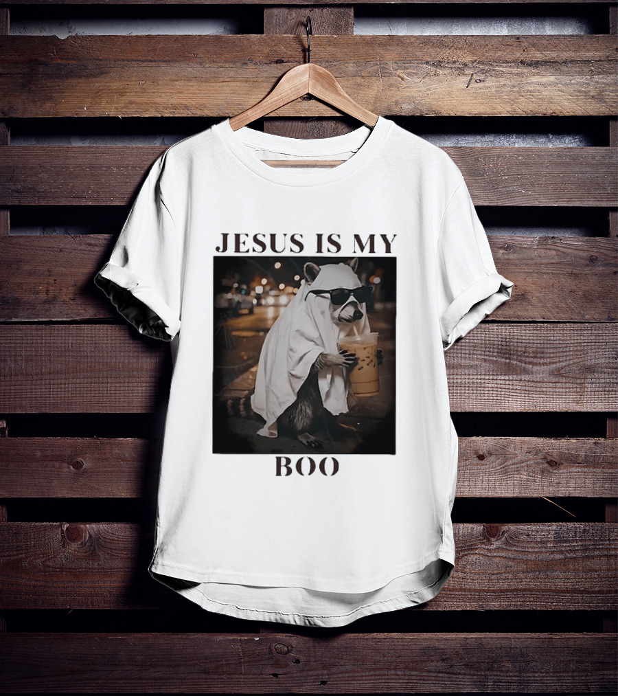 Jesus Is My Boo Raccoon With Iced Coffee And Sunglasses T-Shirt