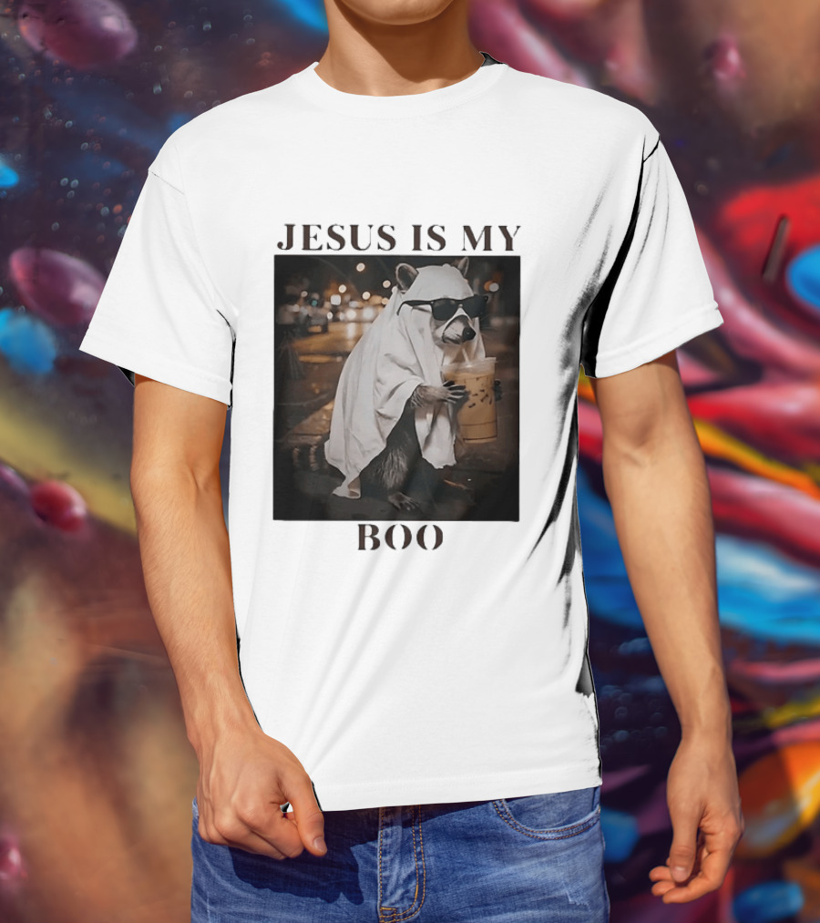 Jesus Is My Boo Raccoon With Iced Coffee And Sunglasses T-Shirt