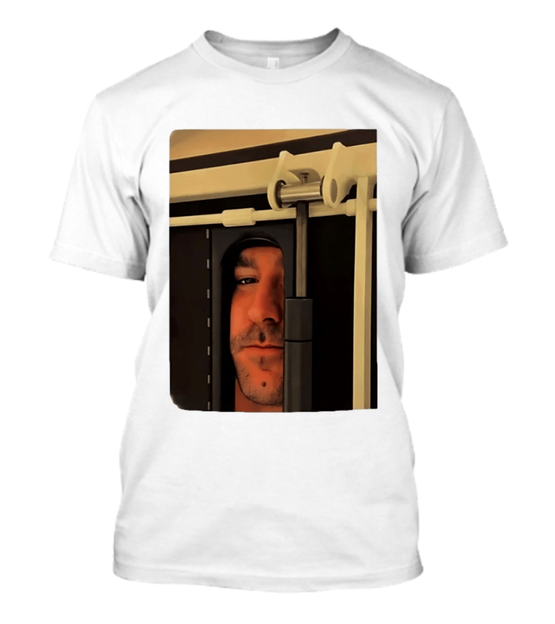 Man Peeking Through Door Face Hidden Observation Doorway T-Shirt
