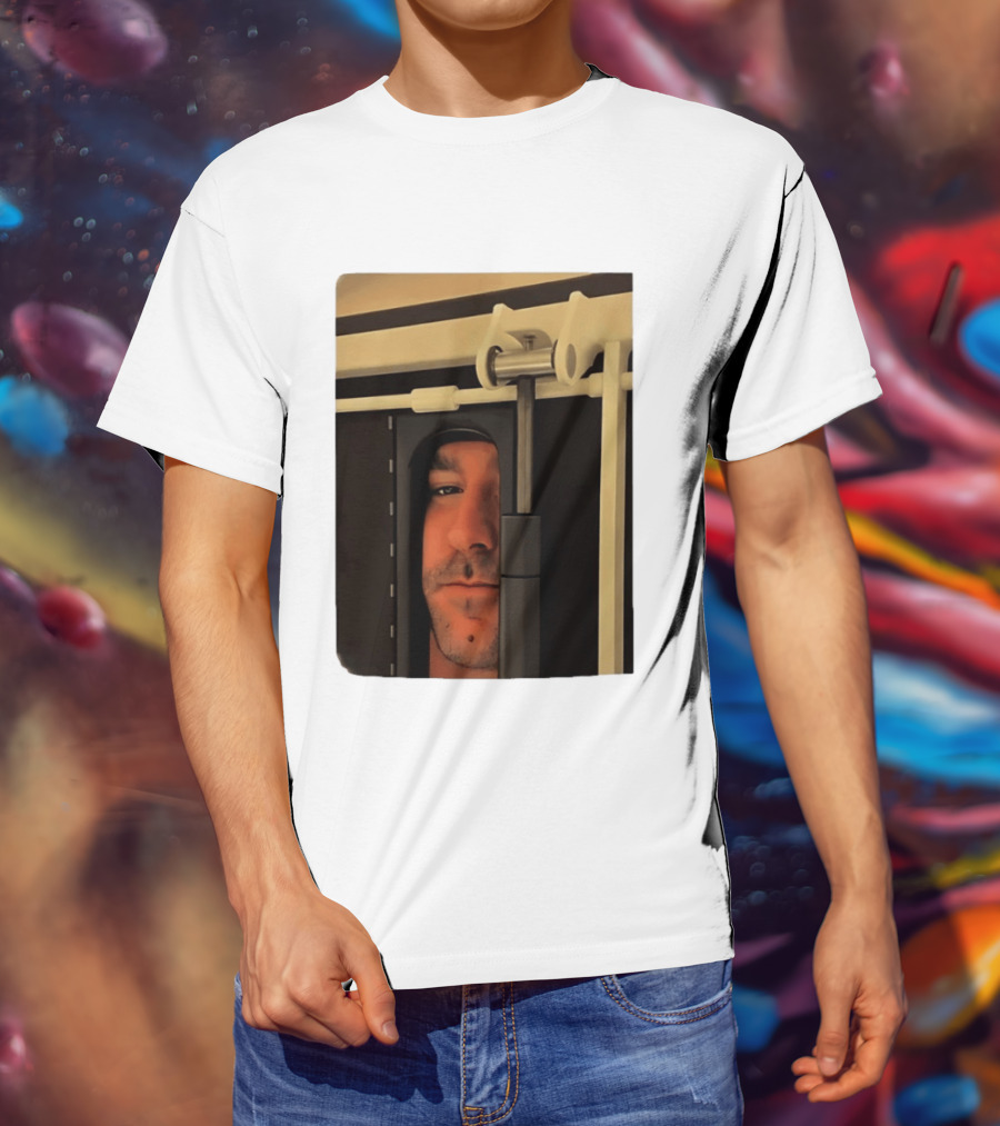Man Peeking Through Door Face Hidden Observation Doorway T-Shirt