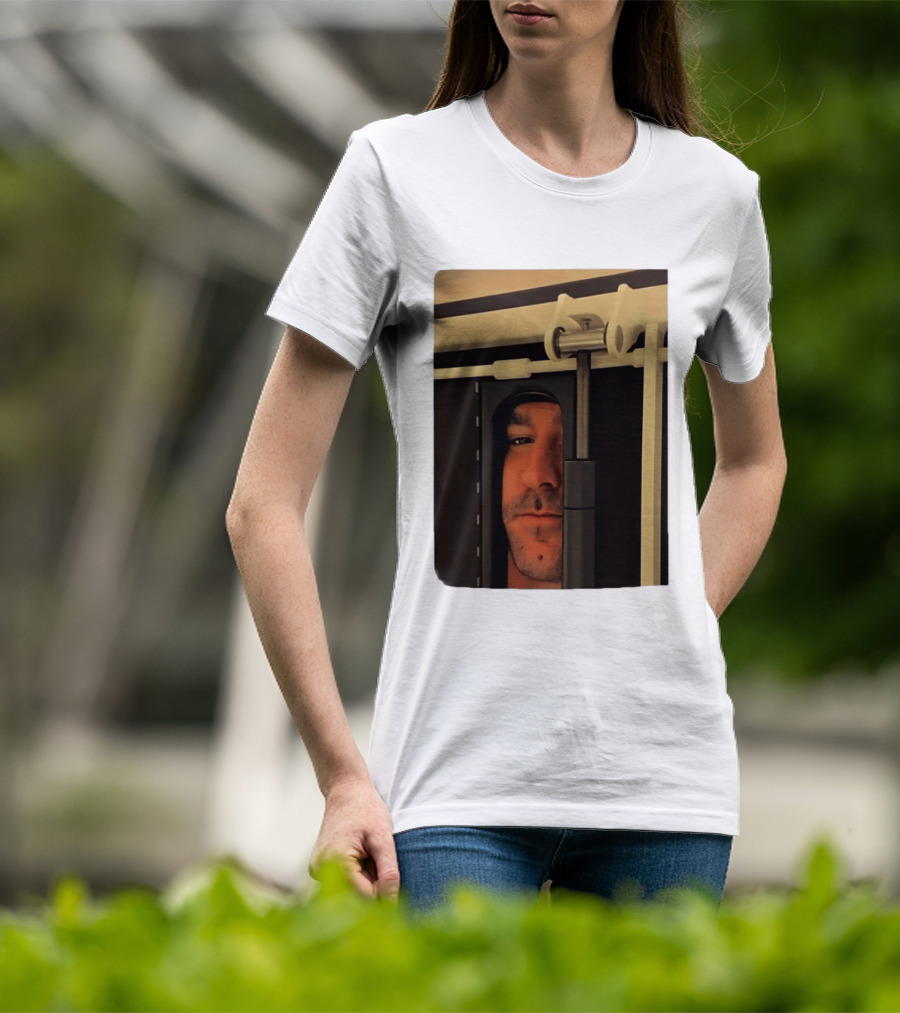 Man Peeking Through Door Face Hidden Observation Doorway T-Shirt