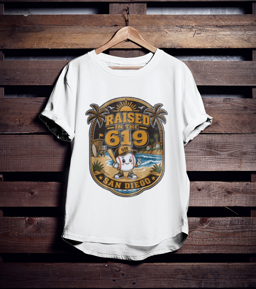 Raised In The 619 Baseball Character San Diego Beach Sunset Palm Trees T-Shirt