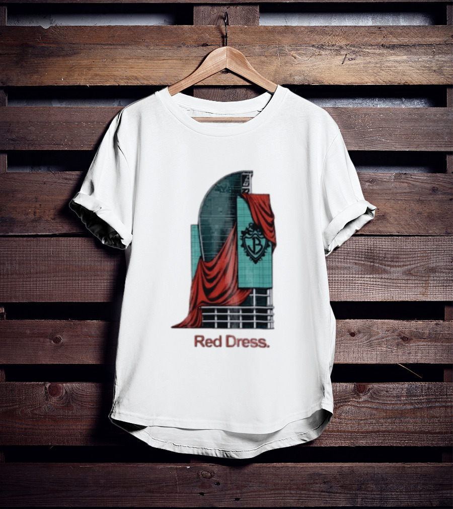 Red Dress Red Drapes Over Modern Skyscraper With Shield T-Shirt