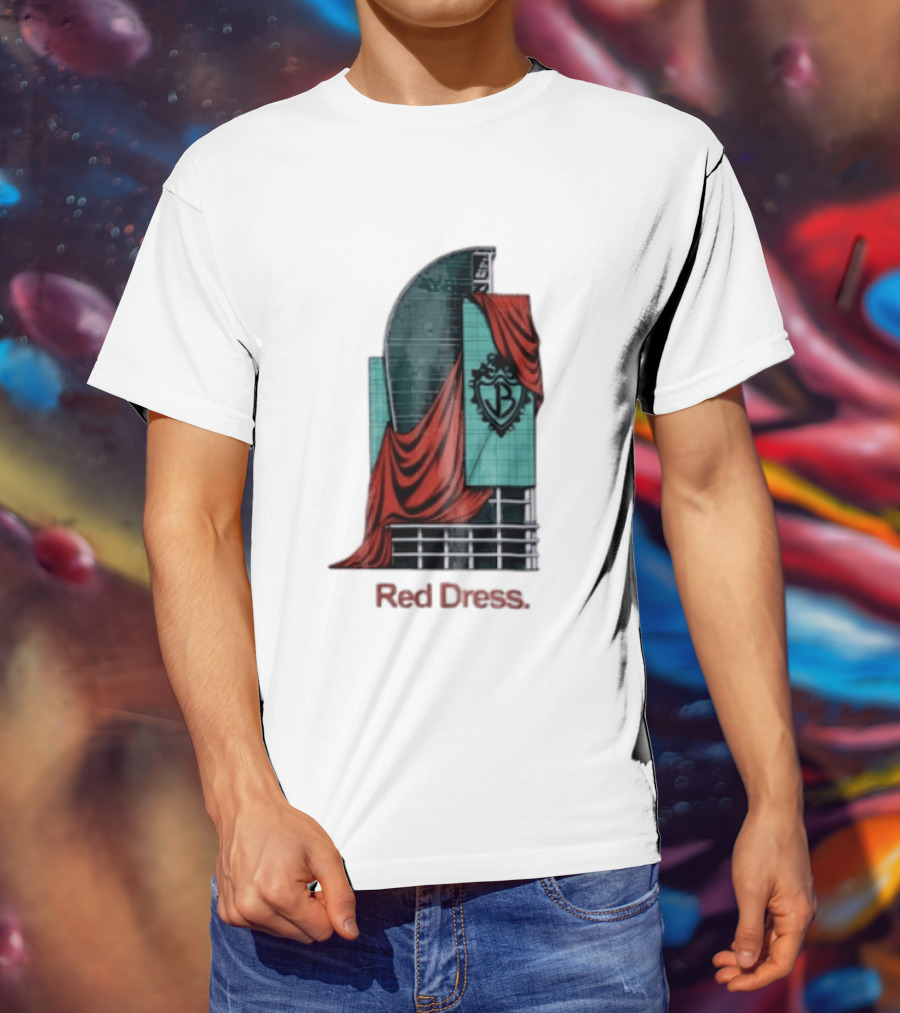 Red Dress Red Drapes Over Modern Skyscraper With Shield T-Shirt