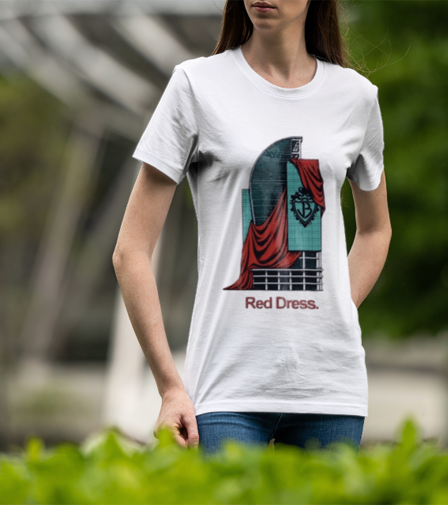 Red Dress Red Drapes Over Modern Skyscraper With Shield T-Shirt