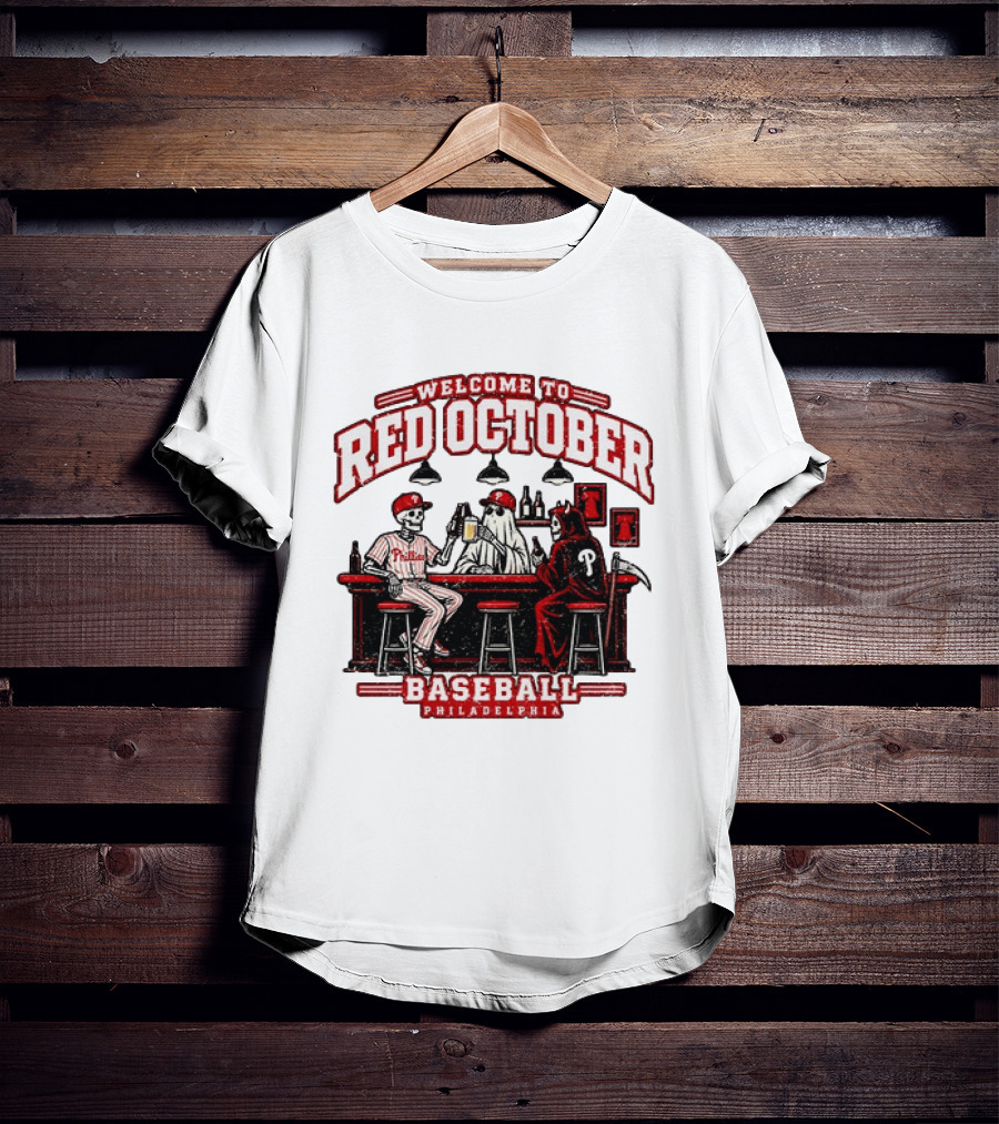 Welcome To Red October Baseball Philadelphia Halloween Skeletons And Ghost At Bar T-Shirt