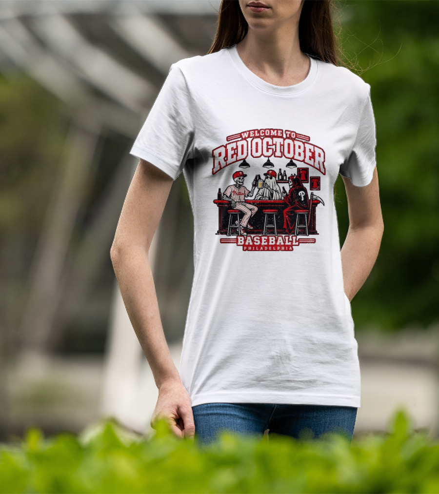 Welcome To Red October Baseball Philadelphia Halloween Skeletons And Ghost At Bar T-Shirt