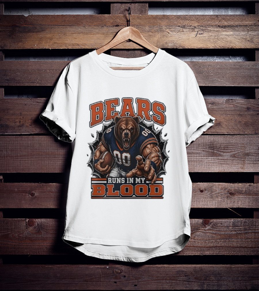 Bears Runs In My Blood Football Fierce Bear Holding Ball T-Shirt