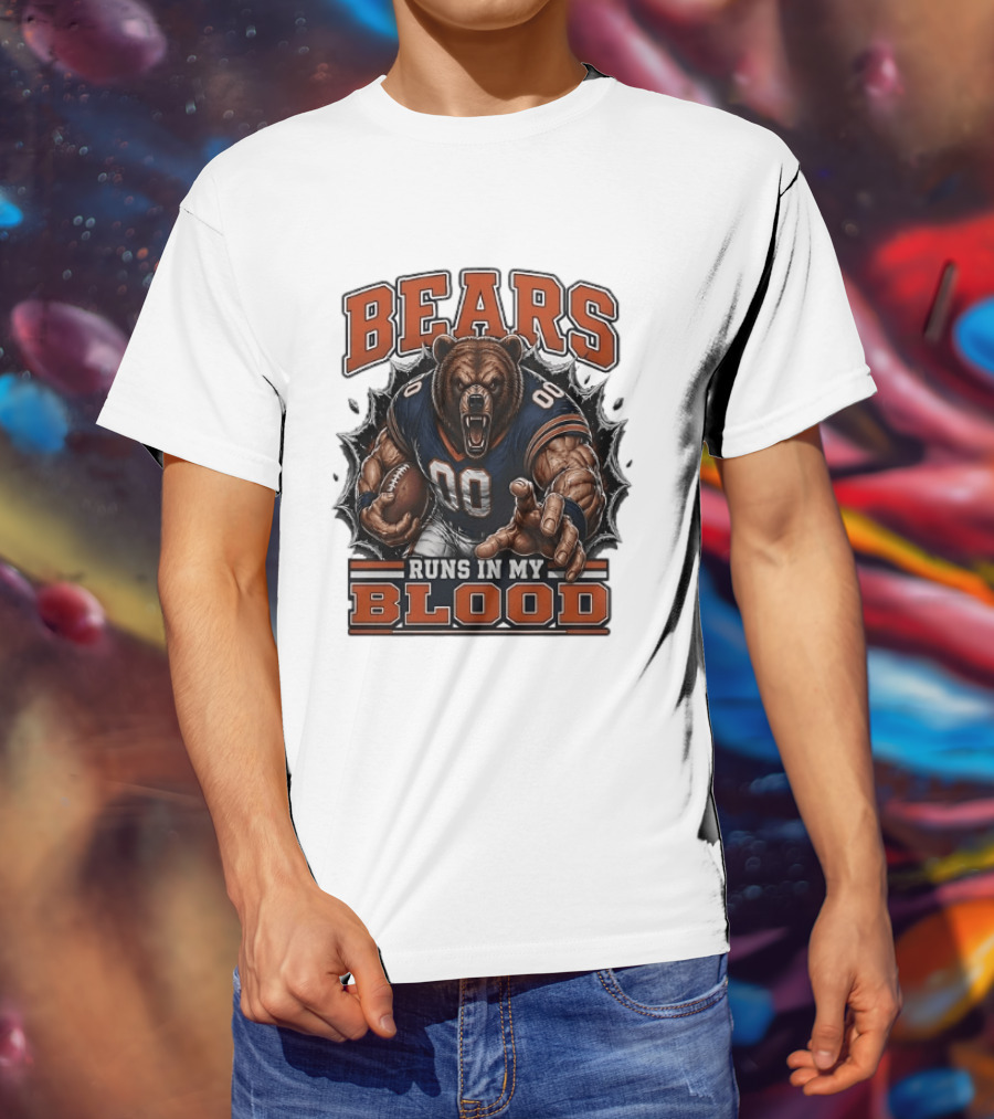 Bears Runs In My Blood Football Fierce Bear Holding Ball T-Shirt