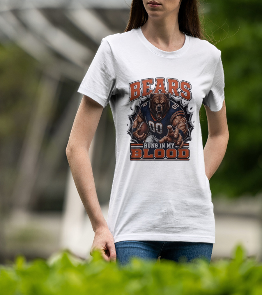 Bears Runs In My Blood Football Fierce Bear Holding Ball T-Shirt