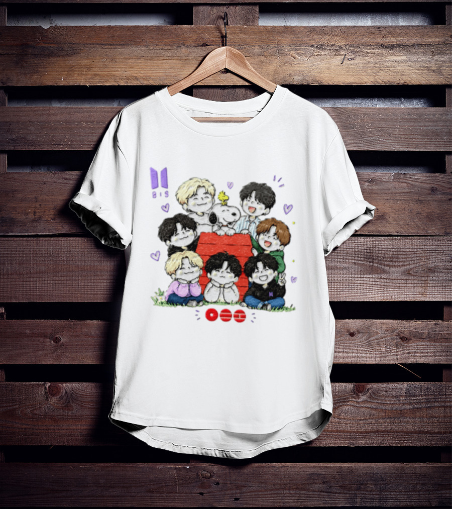 Snoopy Woodstock Peanuts BTS Members Cartoon Illustration Collaboration T-Shirt