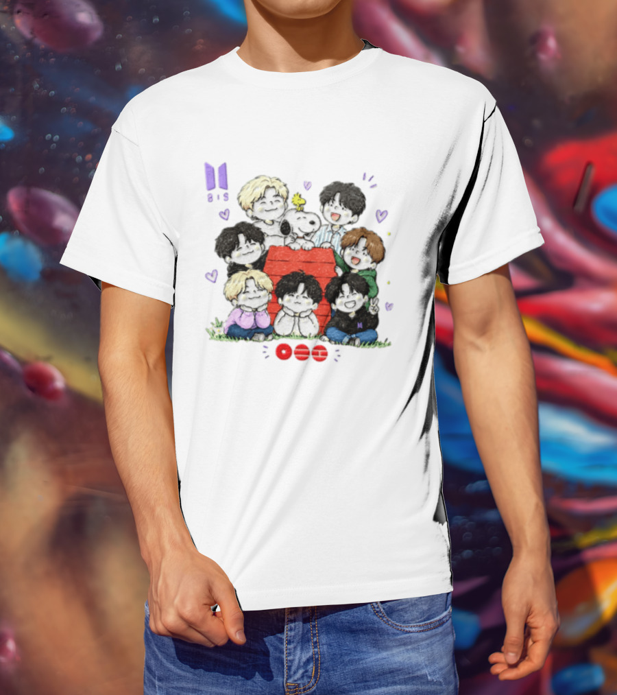 Snoopy Woodstock Peanuts BTS Members Cartoon Illustration Collaboration T-Shirt