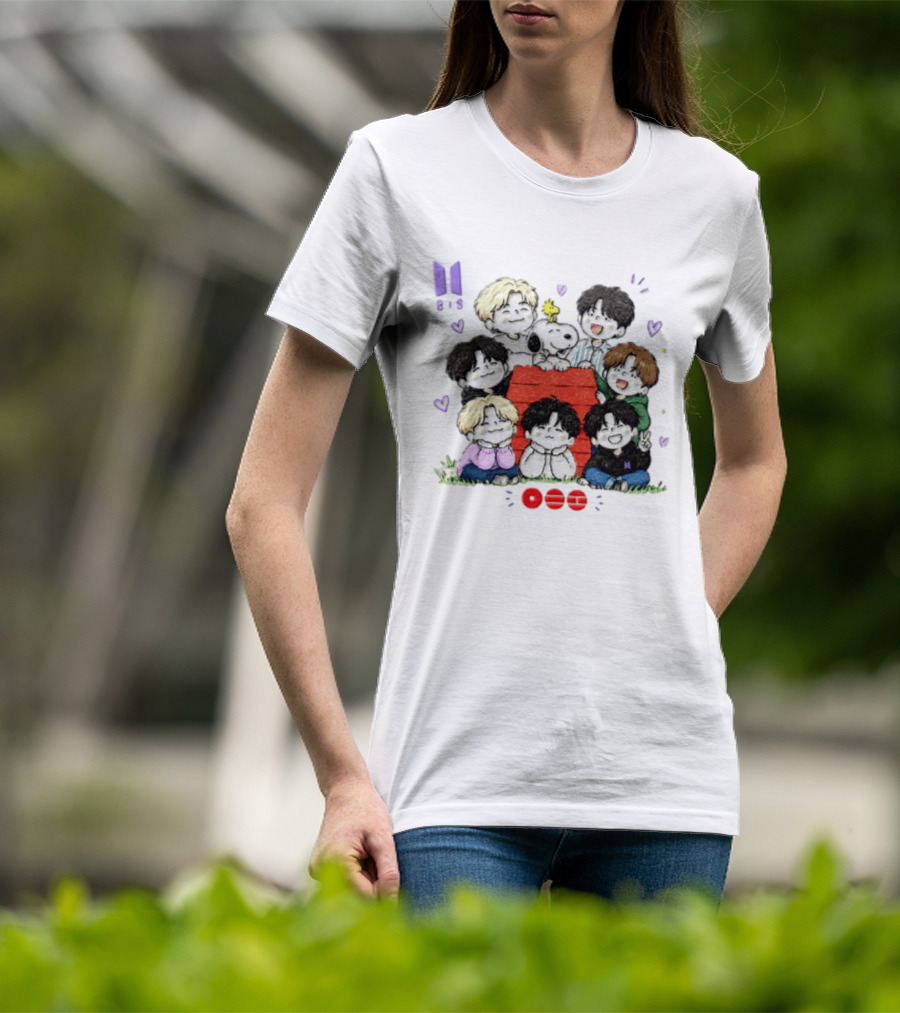 Snoopy Woodstock Peanuts BTS Members Cartoon Illustration Collaboration T-Shirt