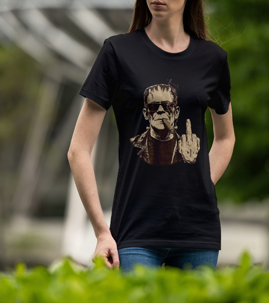 Frankenstein Cigar Middle Finger Smoking Horror Halloween T-Shirt