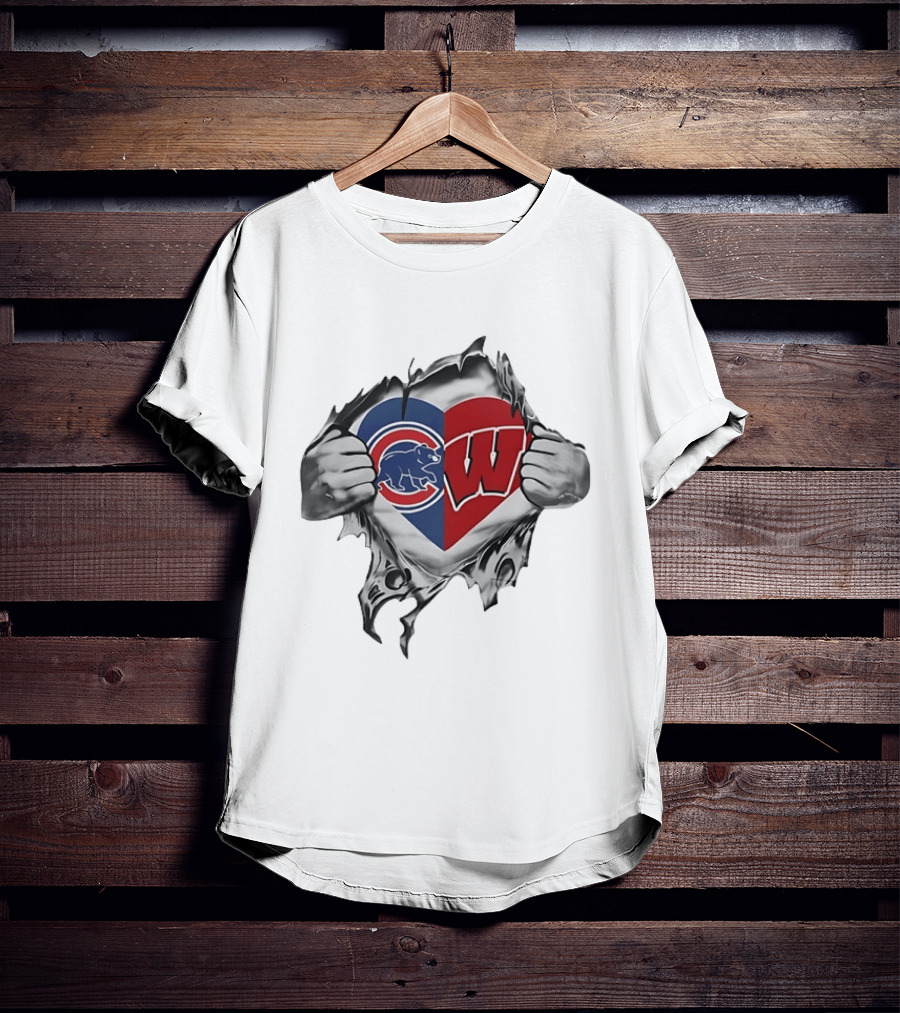 Chicago Cubs And Wisconsin Badgers Heart Rip T-Shirt