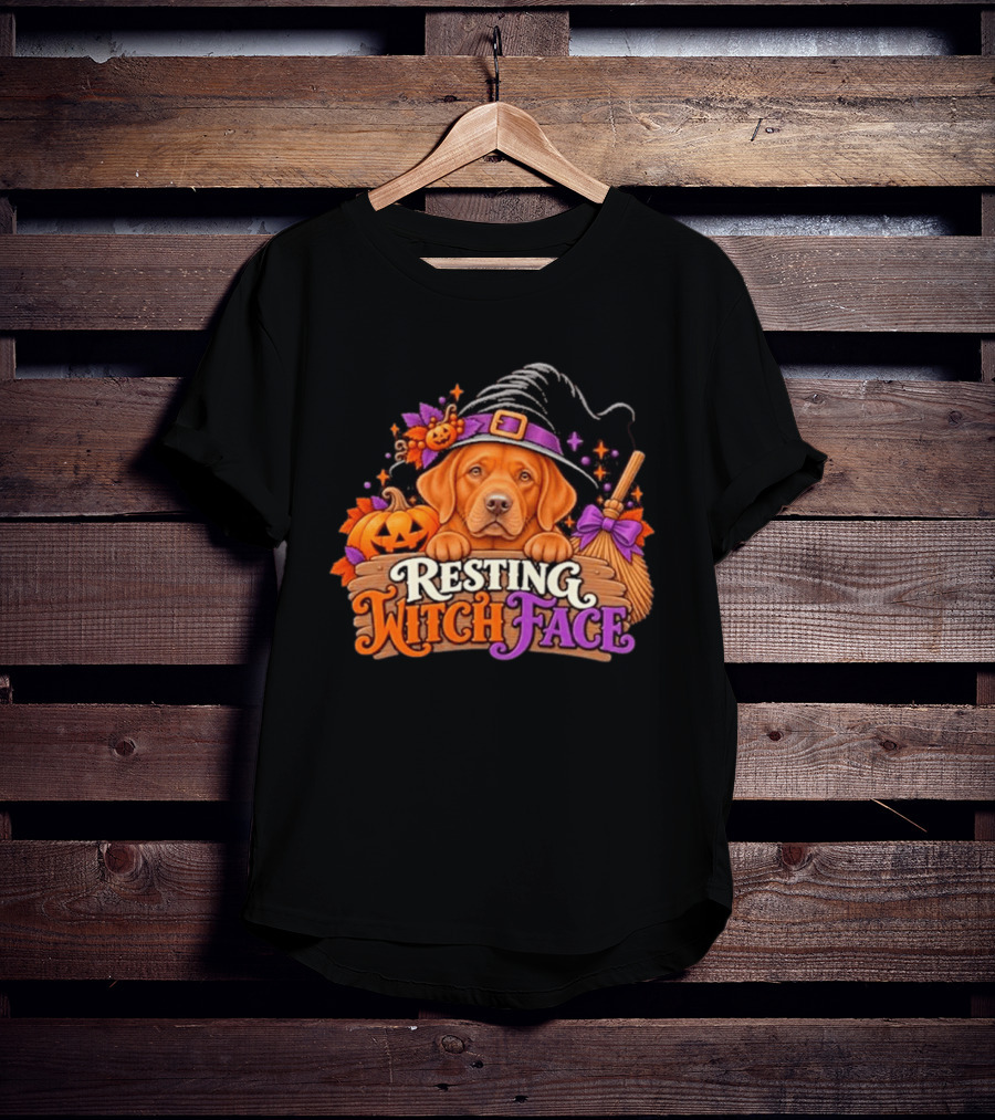 Resting Witch Face Dog Witch Hat Pumpkin Broom Halloween T-Shirt
