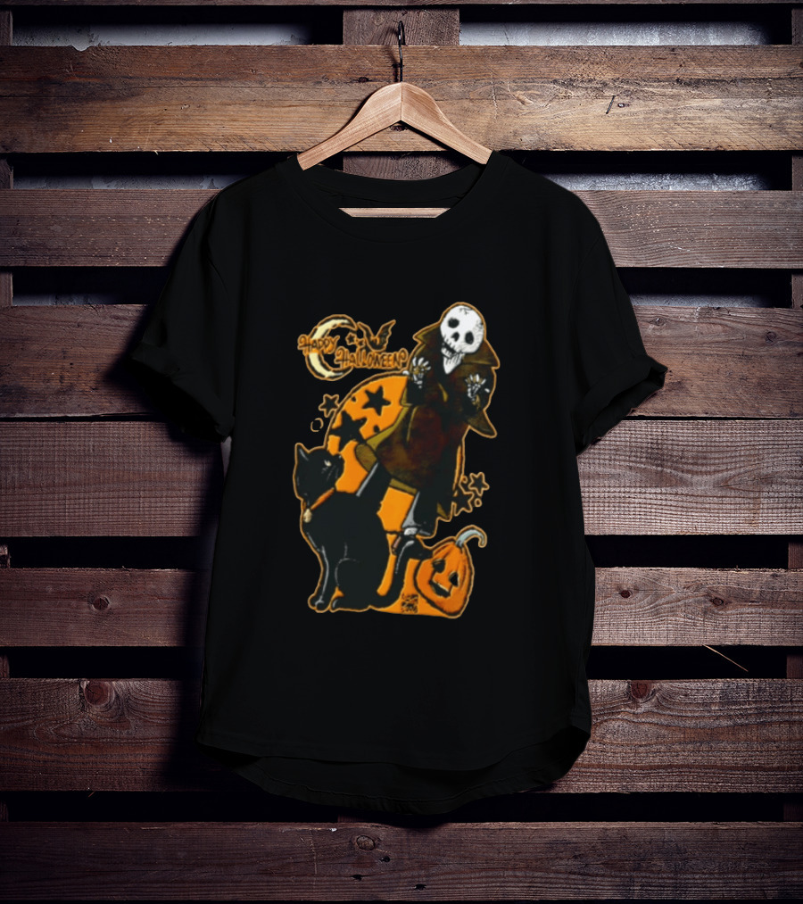 Happy Halloween Skeleton With Black Cat And Pumpkin T-Shirt