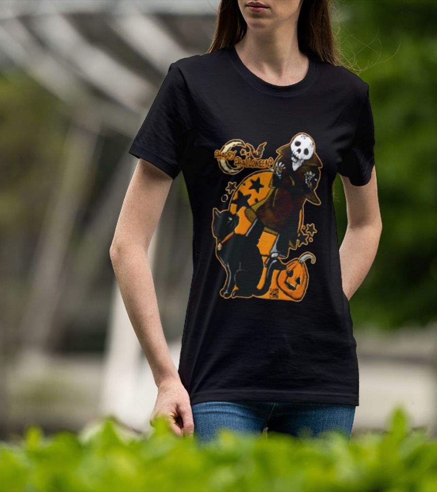 Happy Halloween Skeleton With Black Cat And Pumpkin T-Shirt