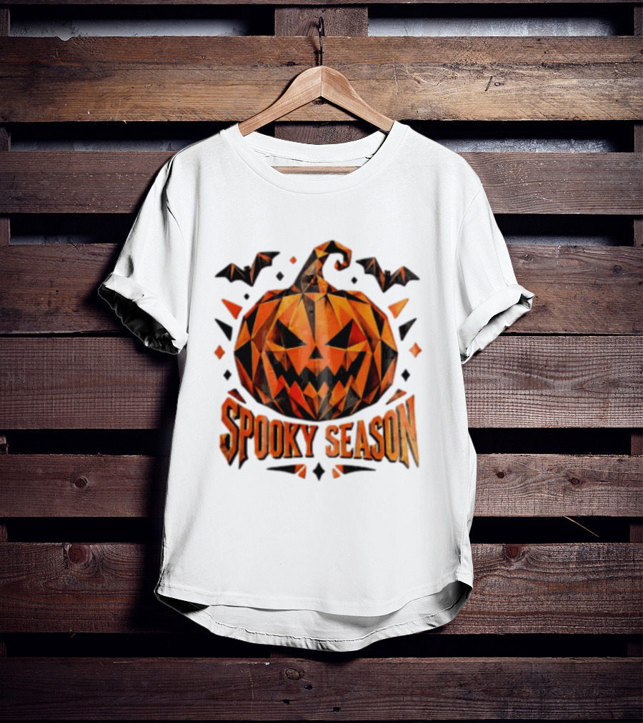 Spooky Season Geometric Pumpkin Halloween Bats T-Shirt