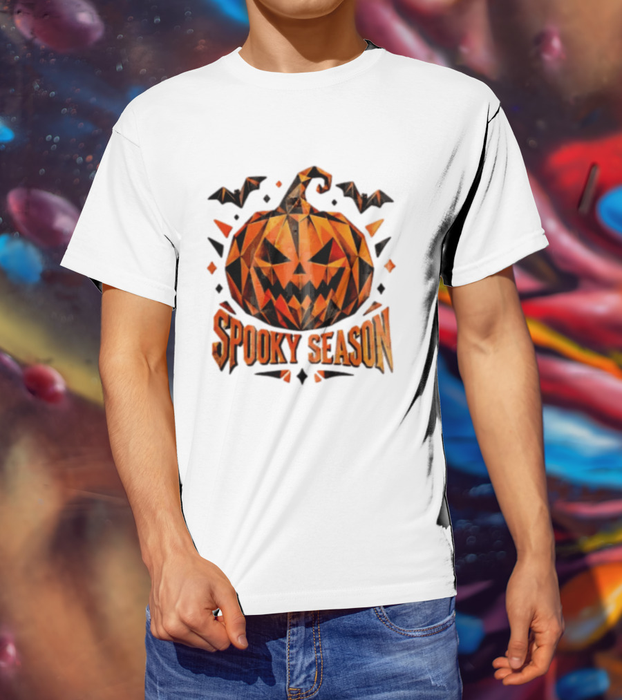 Spooky Season Geometric Pumpkin Halloween Bats T-Shirt
