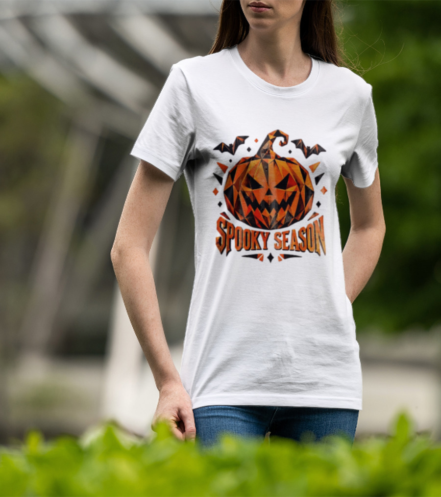 Spooky Season Geometric Pumpkin Halloween Bats T-Shirt