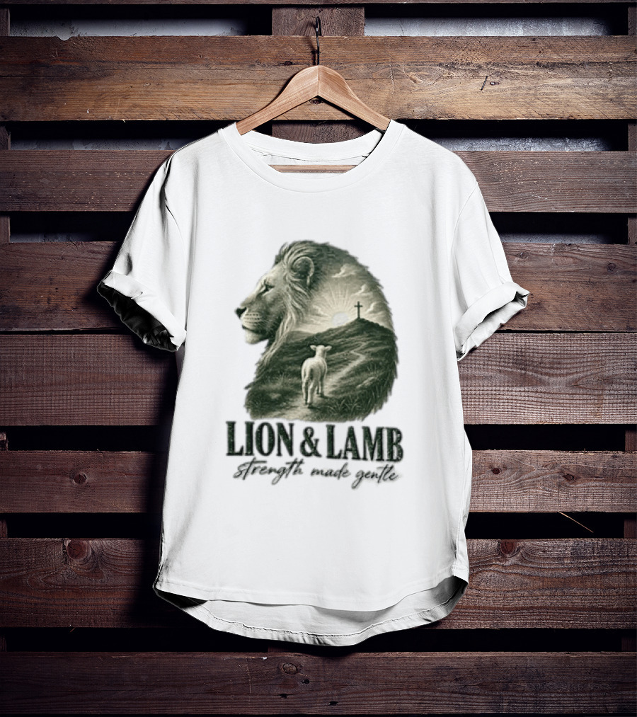 Lion And Lamb Strength Made Gentle Jesus Christ Cross Calvary Christian Faith T-Shirt