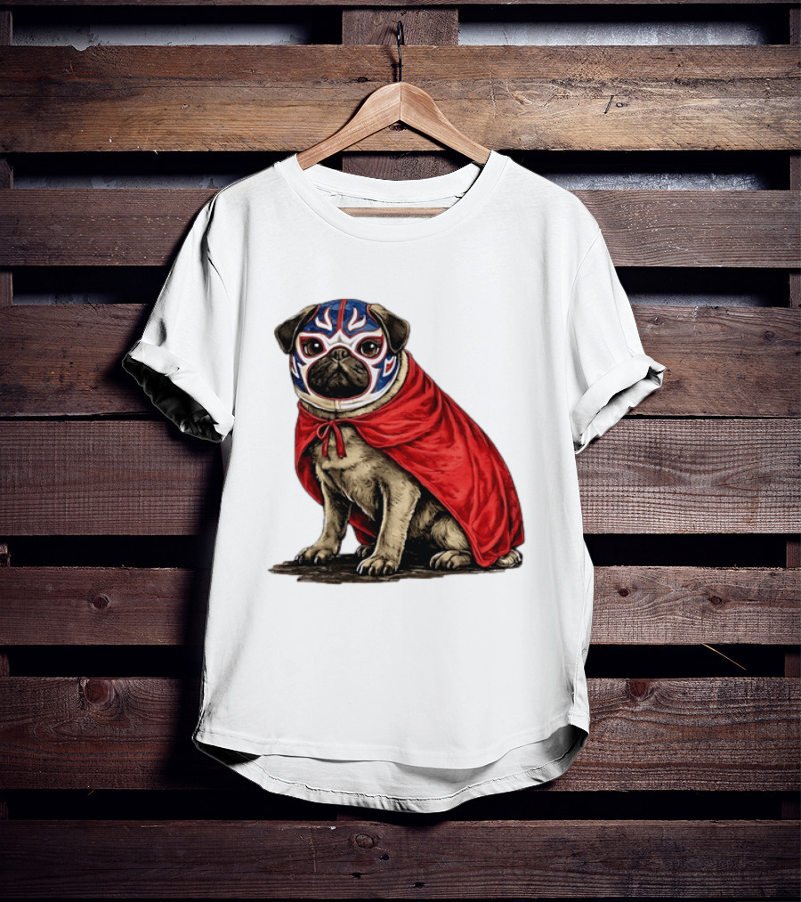 Lucha Libre Pug Red Cape Mexican Wrestling Dog Mask T-Shirt