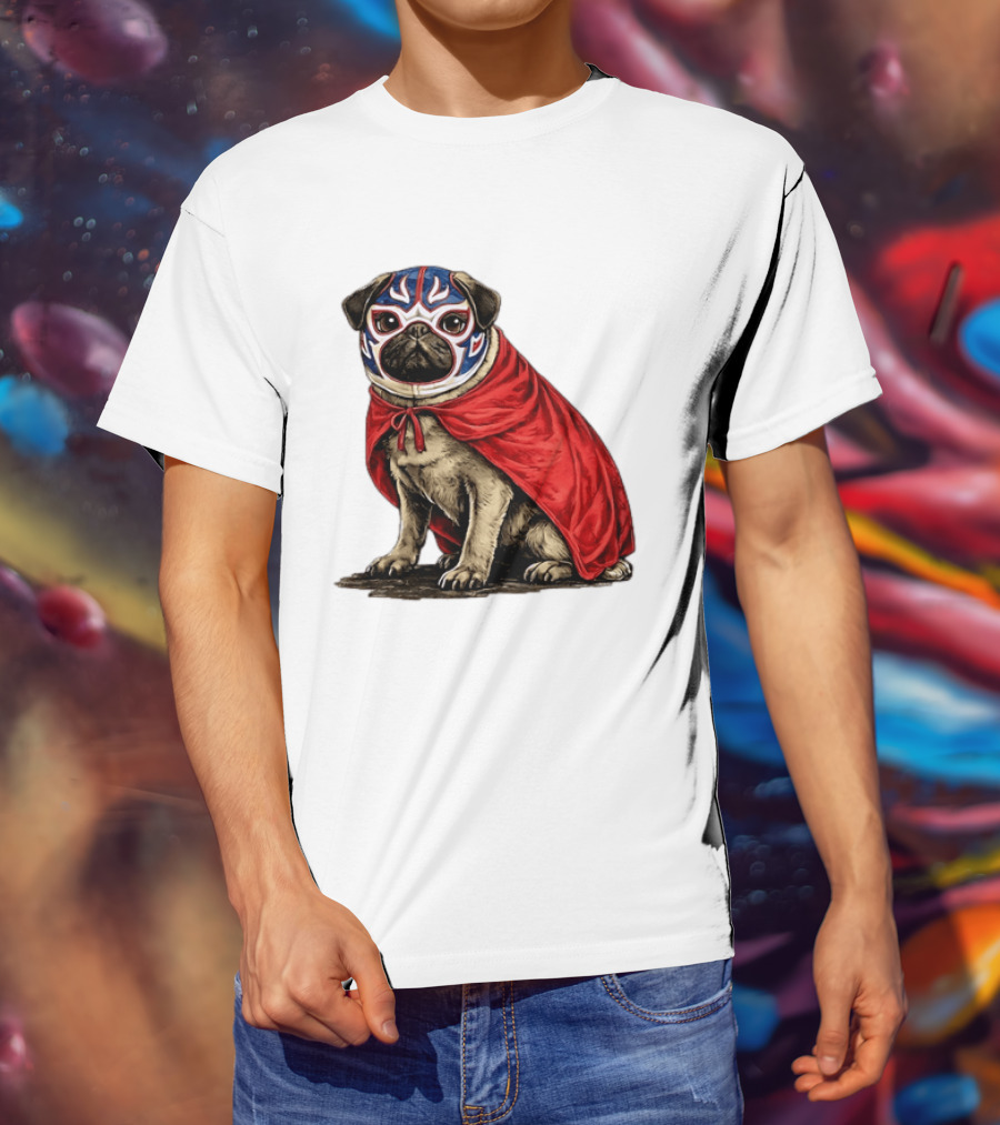 Lucha Libre Pug Red Cape Mexican Wrestling Dog Mask T-Shirt