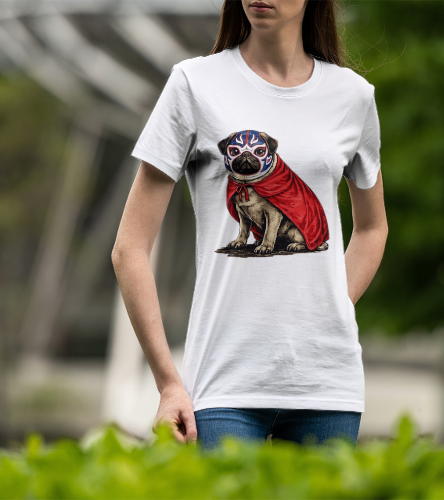 Lucha Libre Pug Red Cape Mexican Wrestling Dog Mask T-Shirt