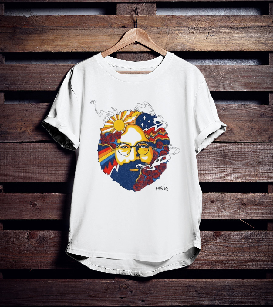 Psychedelic Jerry Garcia Face Sun Waves Stars Roses T-Shirt